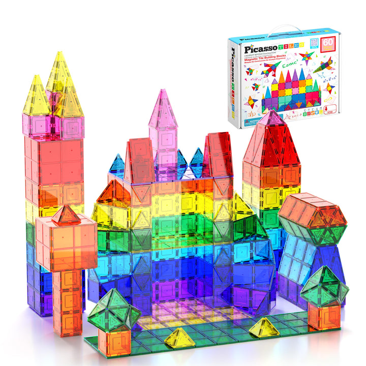 PicassoTiles 60 Piece Magnetic Tiles Clear 3D Building Blocks STEM Ages 3+ | Montessori sensory learning, easy small-hand grip, multiplayer group play fun, preschool classroom gifting, smooth safe edges