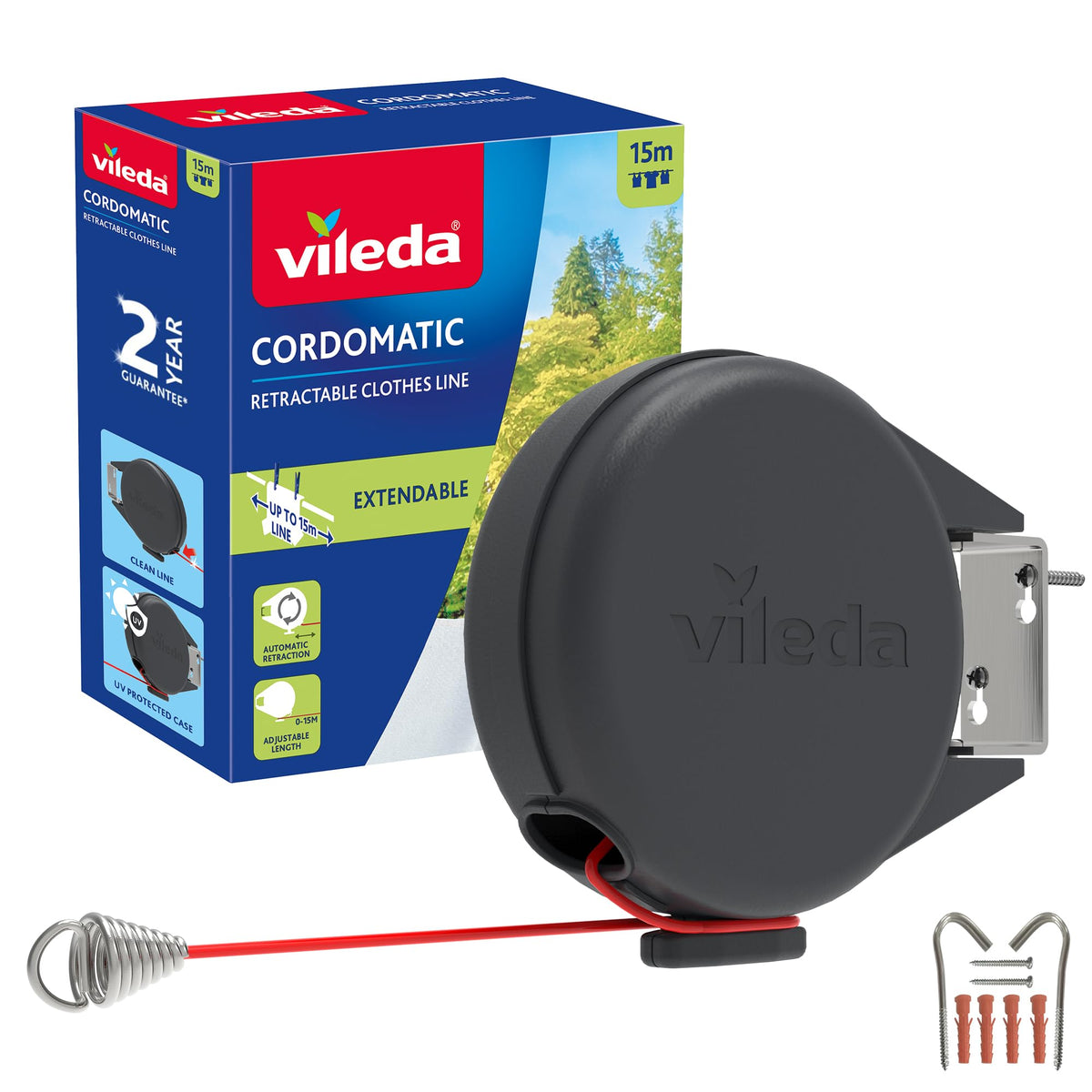 Vileda Single Cordomatic Retractable Washing Line, 15m, Holds up to 15kg | Extendable Clothes Line with Automatic Retraction, UV‑Protected Case & Steel Fittings, Wall Mounted for Indoor & Outdoor Use