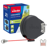 Vileda Single Cordomatic Retractable Washing Line, 15m, Holds up to 15kg | Extendable Clothes Line with Automatic Retraction, UV‑Protected Case & Steel Fittings, Wall Mounted for Indoor & Outdoor Use