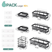 Veken Shower Caddy 6-Pack, Bathroom Organizers and Storage Shelves, Black | Advanced Rustproof Design, Large Capacity, No Drilling, Adhesive Rack with Soap Holder, Wall-Mounted Kitchen & Home Decor